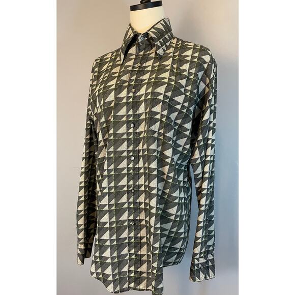 Vtg 70s Geometric Abstract Pointillism Button Front Disco Shirt Dagger Collar LG - Picture 7 of 10